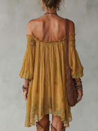 Minivestido Amarillo con gasa, hombros descubiertos y floral - Amarillo