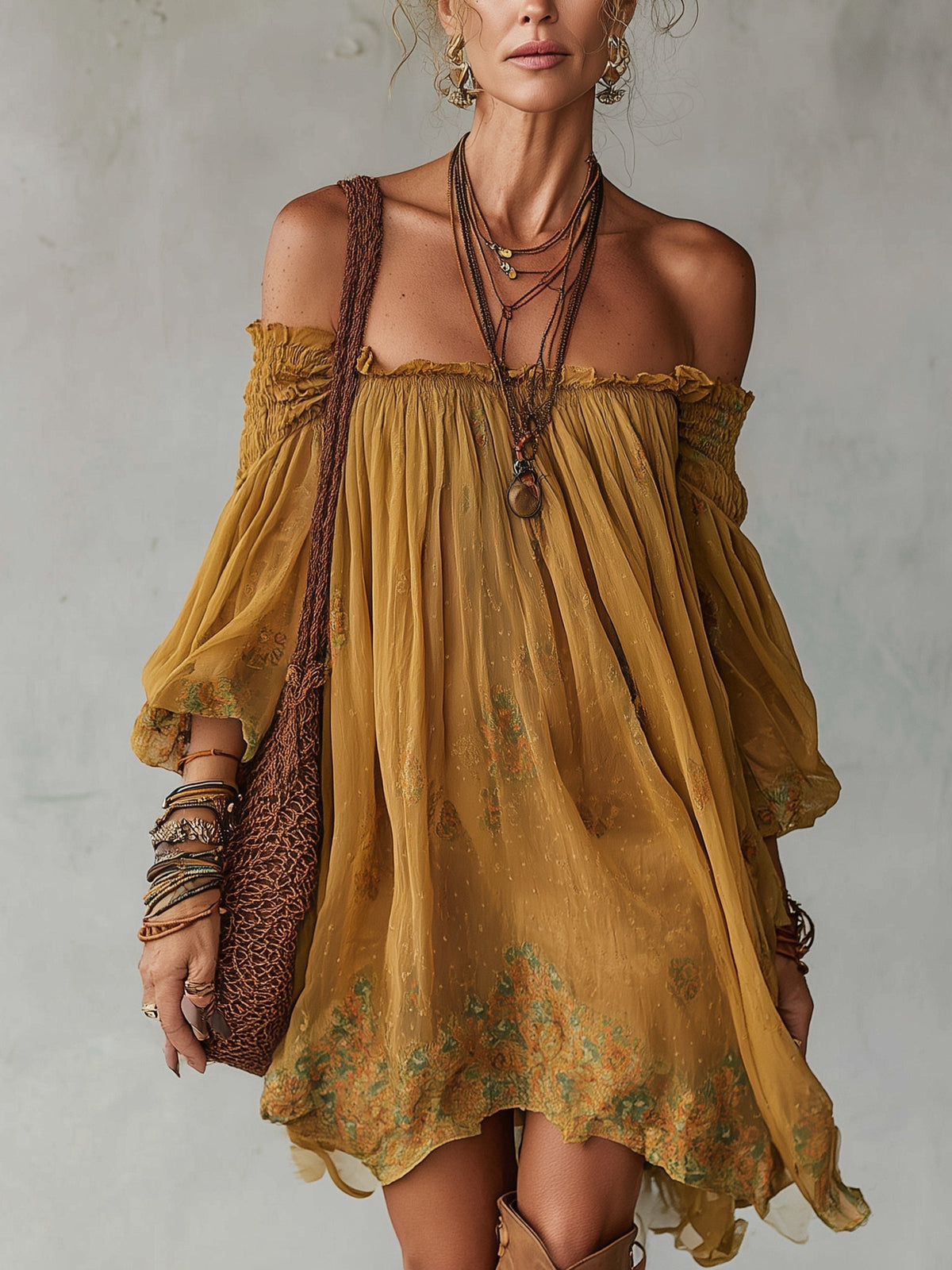 Minivestido Amarillo con gasa, hombros descubiertos y floral - Amarillo