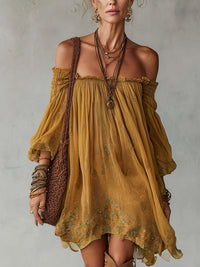 Minivestido Amarillo con gasa, hombros descubiertos y floral - Amarillo