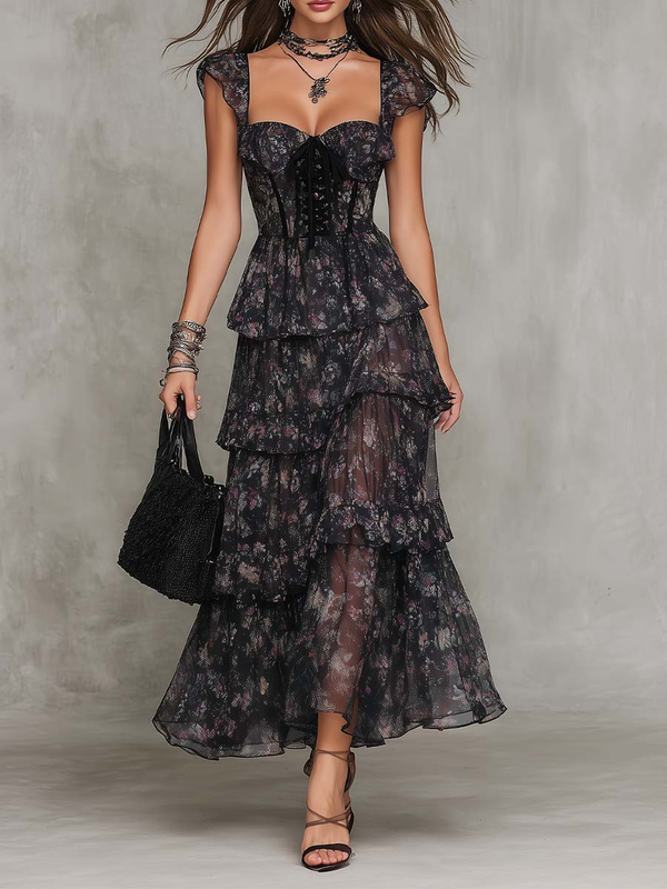 Vestido Estampado Negro con volantes escalonados, gasa y floral - Negro