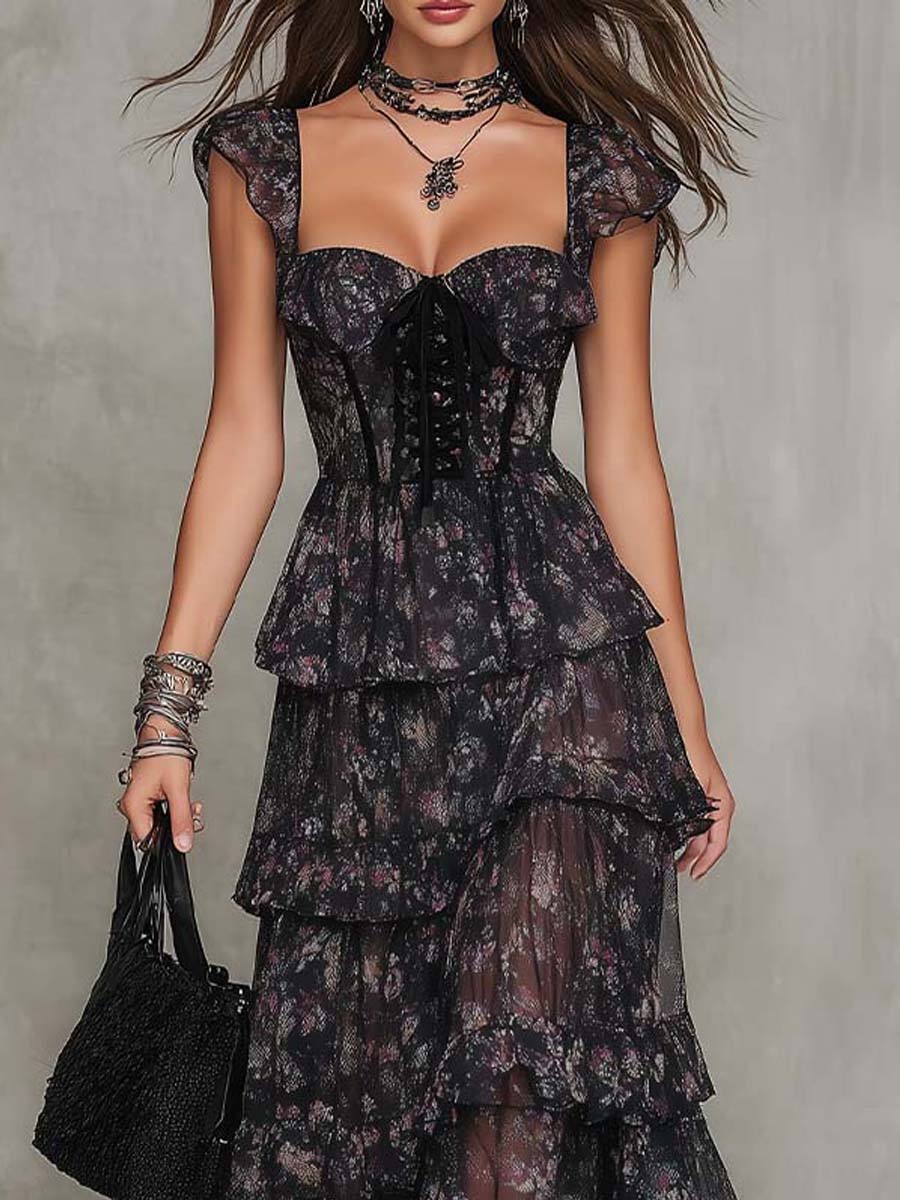 Vestido Estampado Negro con volantes escalonados, gasa y floral - Negro