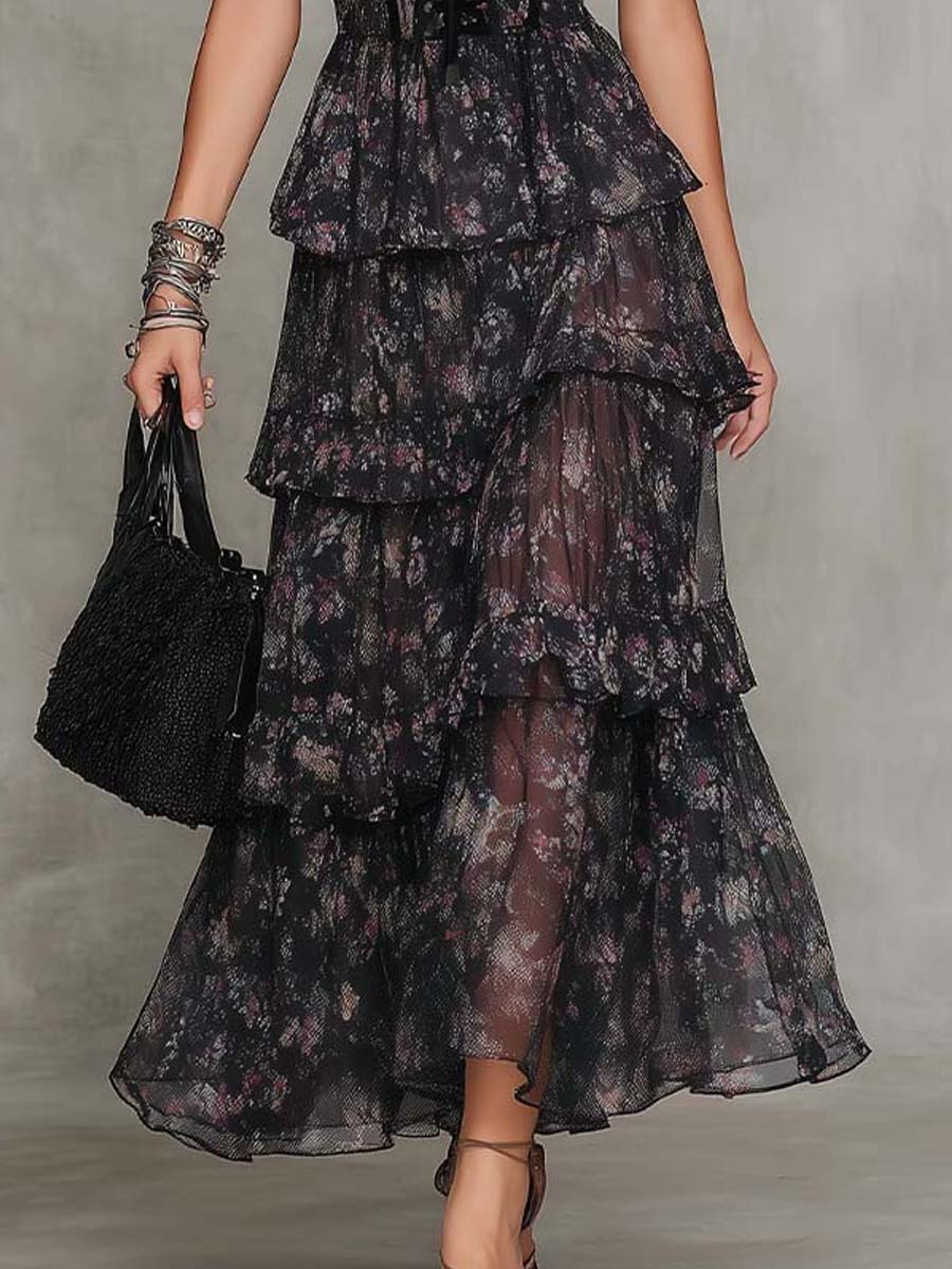 Vestido Estampado Negro con volantes escalonados, gasa y floral - Negro