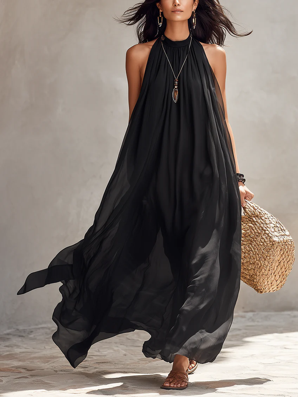 Vestido Largo Negro con gasa, escote halter y plisado - Negro