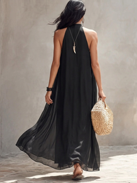 Vestido Largo Negro con gasa, escote halter y plisado - Negro