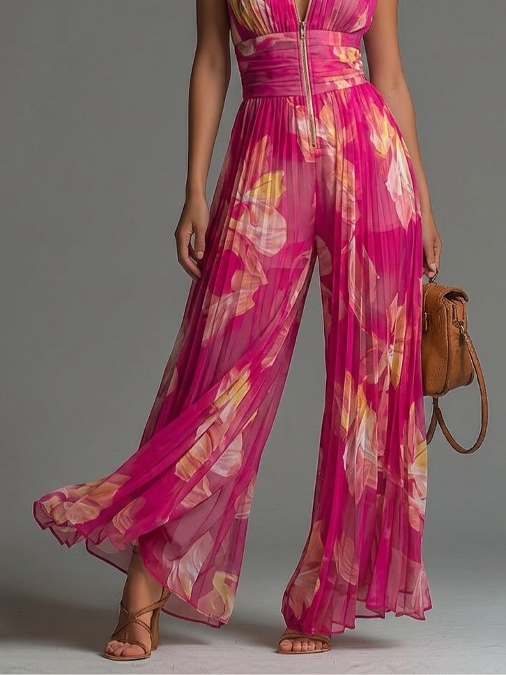 Mono Fucsia Sin Mangas con estampado floral, cremallera, plisado y pierna ancha - Fucsia