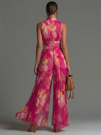 Mono Fucsia Sin Mangas con estampado floral, cremallera, plisado y pierna ancha - Fucsia
