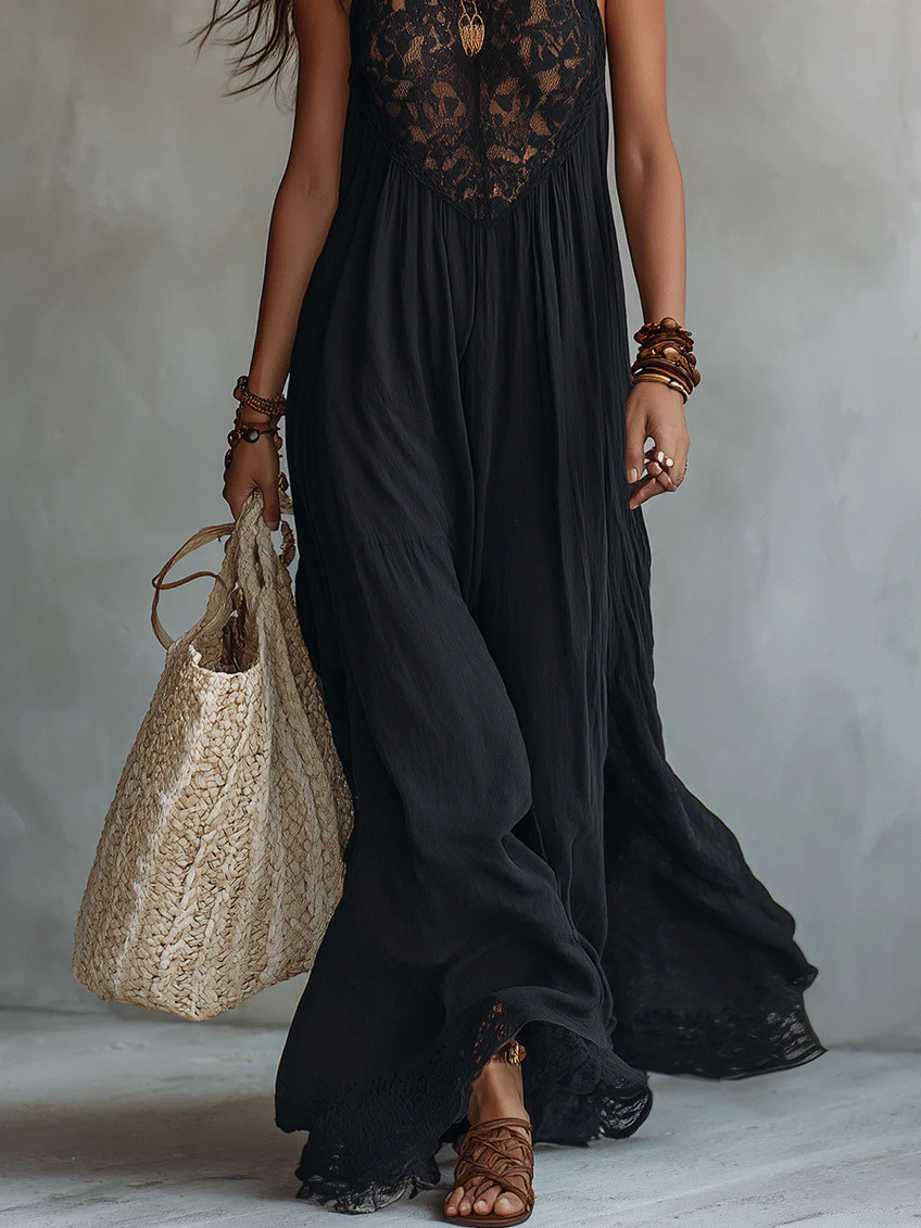 Vestido de Verano Boho Negro Sin Mangas con remate de encaje - Negro