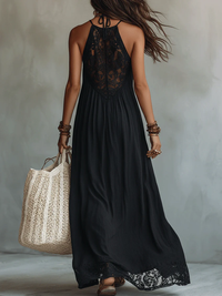 Vestido de Verano Boho Negro Sin Mangas con remate de encaje - Negro