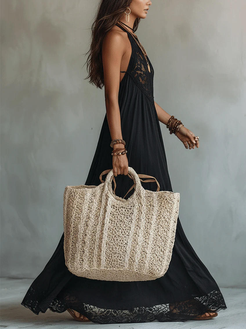 Vestido de Verano Boho Negro Sin Mangas con remate de encaje - Negro
