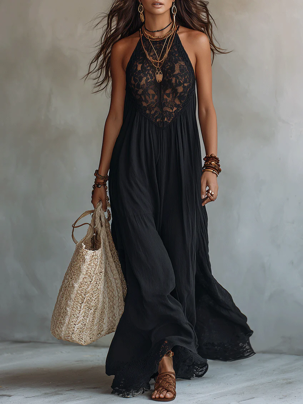 Vestido de Verano Boho Negro Sin Mangas con remate de encaje - Negro
