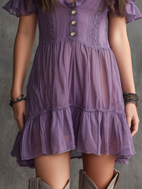 Minivestido Morado con manga abullonada, volantes, botones delanteros y gasa - Morado