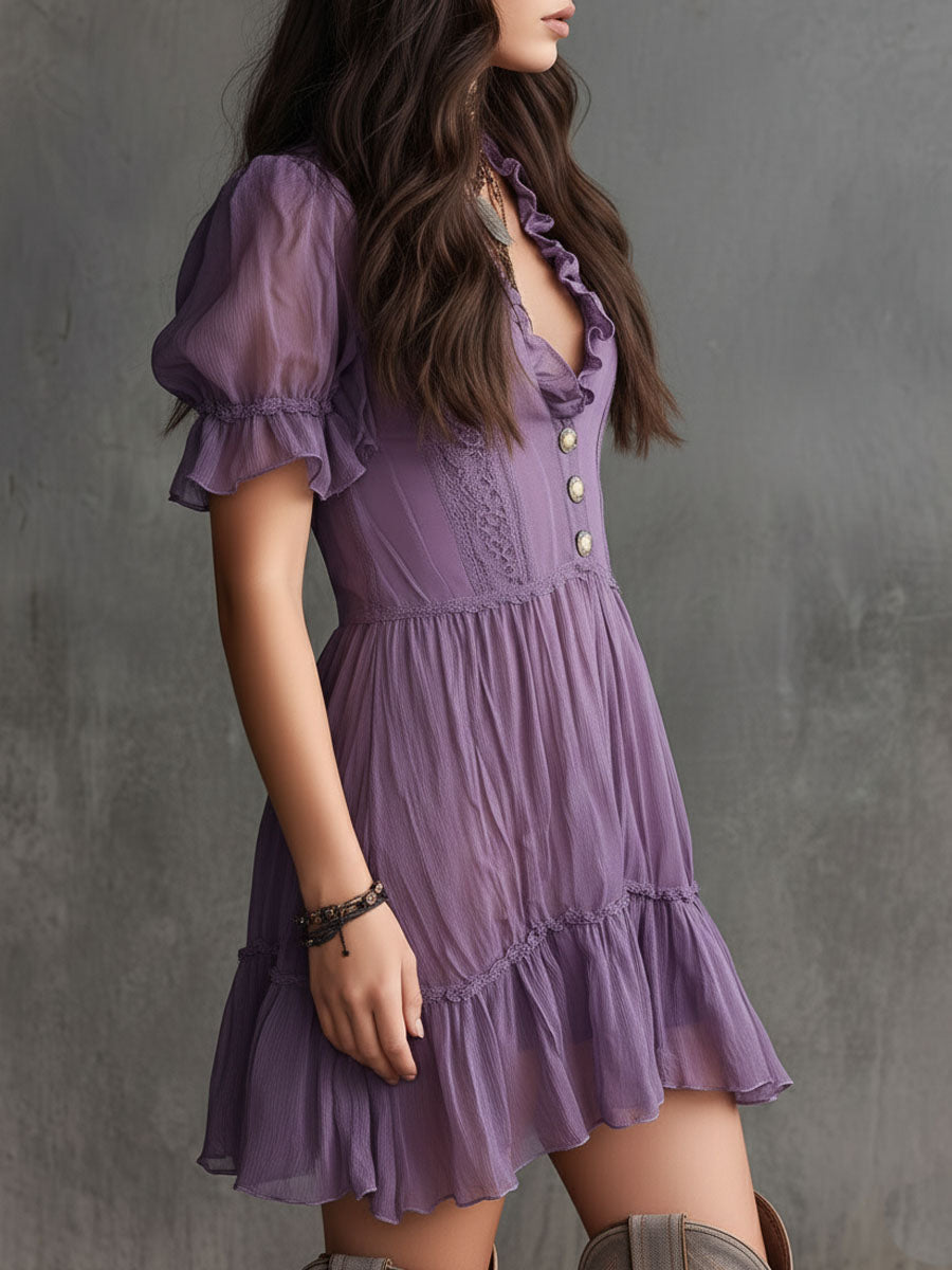 Minivestido Morado con manga abullonada, volantes, botones delanteros y gasa - Morado
