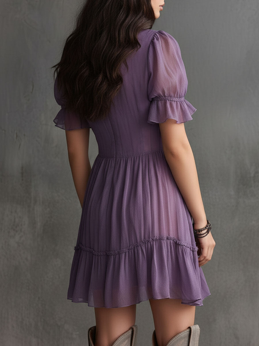 Minivestido Morado con manga abullonada, volantes, botones delanteros y gasa - Morado