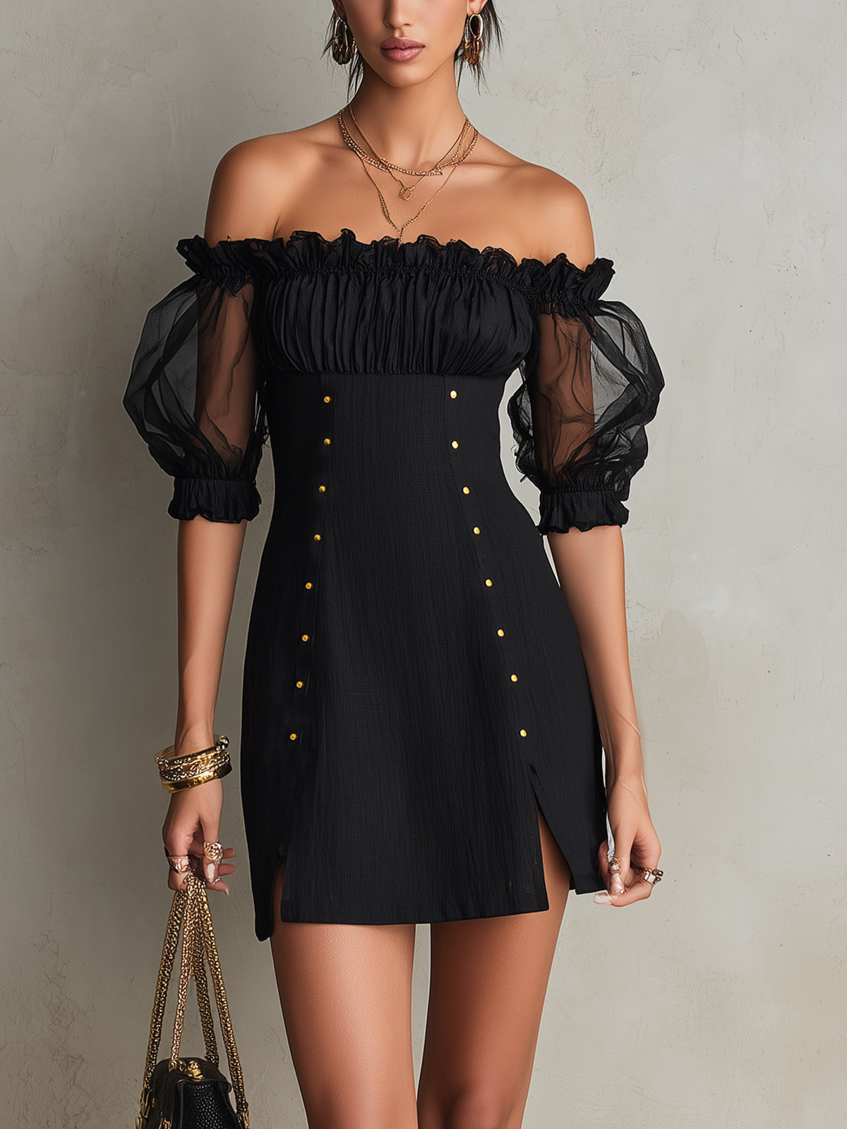 Minivestido Negro con hombros descubiertos y manga abullonada - Negro