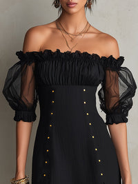 Minivestido Negro con hombros descubiertos y manga abullonada - Negro