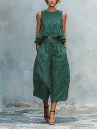 Conjunto con lino, volantes, pierna ancha y liso - Rosa