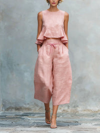 Conjunto con lino, volantes, pierna ancha y liso - Rosa