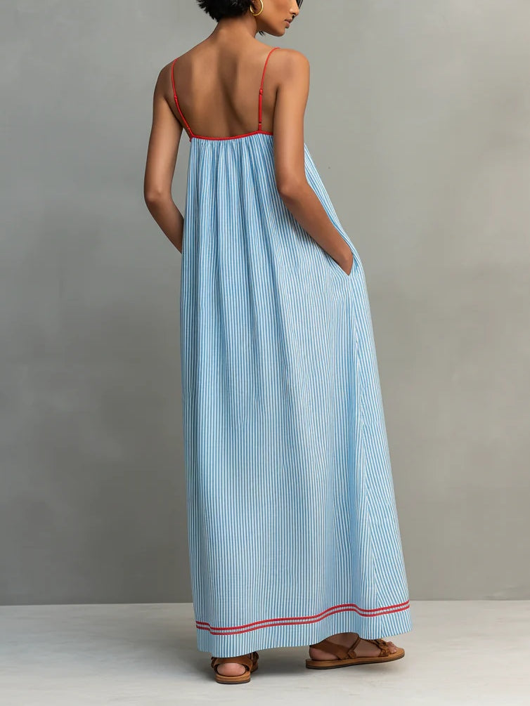 Vestido Largo Azul con ribete, a rayas y tirantes finos - Azul