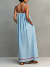 Vestido Largo Azul con ribete, a rayas y tirantes finos - Azul