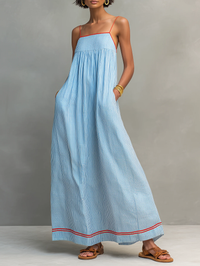 Vestido Largo Azul con ribete, a rayas y tirantes finos - Azul