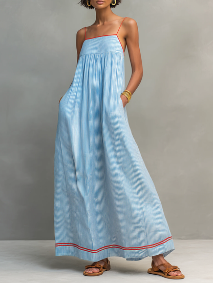 Vestido Largo Azul con ribete, a rayas y tirantes finos - Azul
