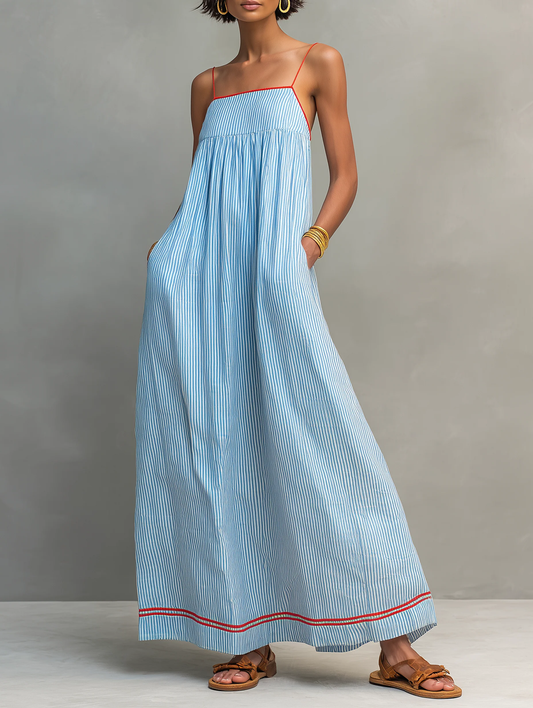 Vestido Largo Azul con ribete, a rayas y tirantes finos - Azul