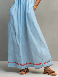 Vestido Largo Azul con ribete, a rayas y tirantes finos - Azul