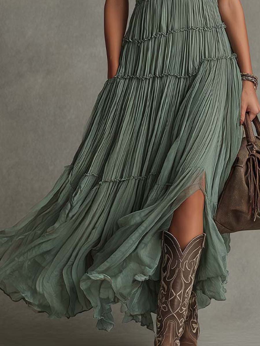 Vestido Largo con plisado, gasa, escote en V y caída fluida - Verde Salvia