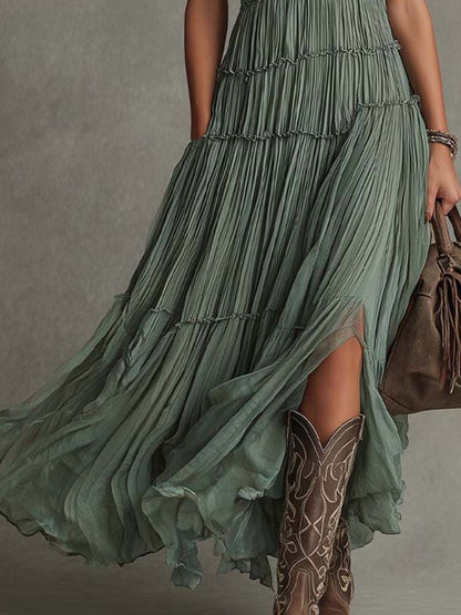 Vestido Largo con plisado, gasa, escote en V y caída fluida - Verde Salvia