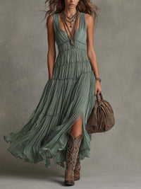 Vestido Largo con plisado, gasa, escote en V y caída fluida - Verde Salvia