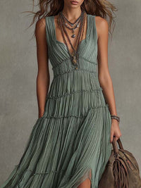 Vestido Largo con plisado, gasa, escote en V y caída fluida - Verde Salvia