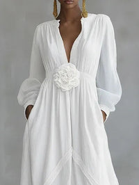 Vestido Largo Blanco con escote en V y floral - Blanco