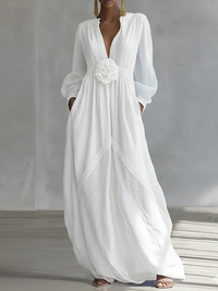 Vestido Largo Blanco con escote en V y floral - Blanco