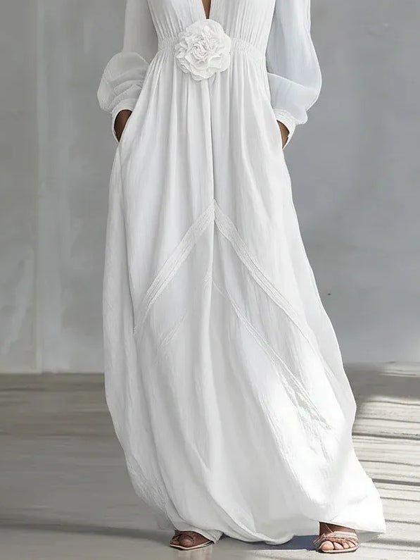 Vestido Largo Blanco con escote en V y floral - Blanco