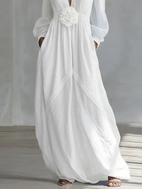 Vestido Largo Blanco con escote en V y floral - Blanco
