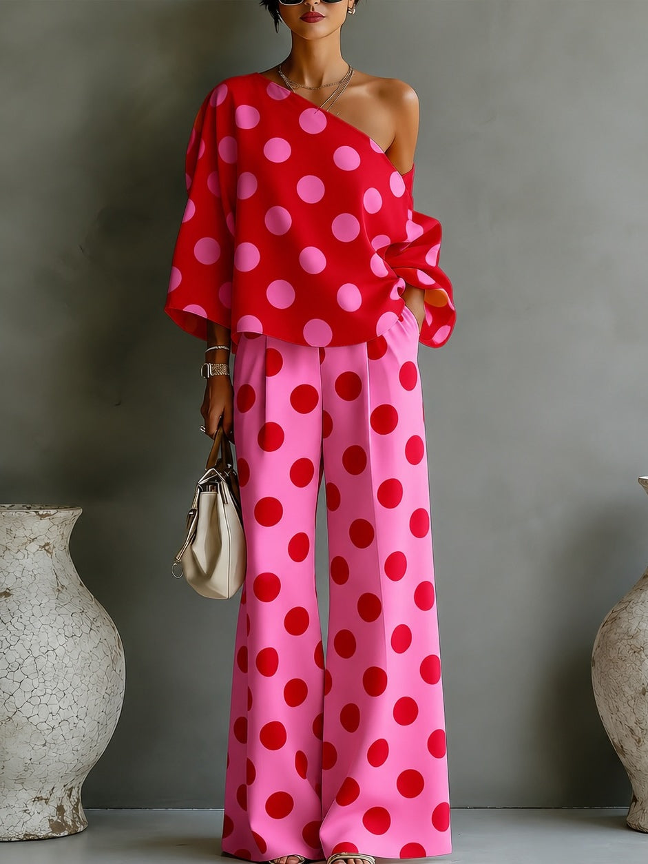 Conjunto de Dos Piezas Retro Rojo con lunares, hombros descubiertos y pierna ancha - Rojo