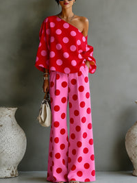 Conjunto de Dos Piezas Retro Rojo con lunares, hombros descubiertos y pierna ancha - Rojo