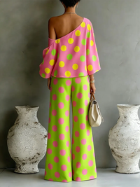 Conjunto de Dos Piezas Multicolor con lunares, hombros descubiertos y pierna ancha - Multicolor