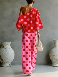 Conjunto de Dos Piezas Retro Rojo con lunares, hombros descubiertos y pierna ancha - Rojo