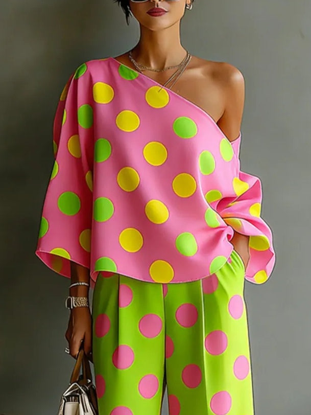 Conjunto de Dos Piezas Multicolor con lunares, hombros descubiertos y pierna ancha - Multicolor