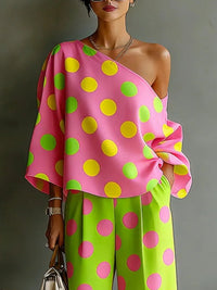 Conjunto de Dos Piezas Multicolor con lunares, hombros descubiertos y pierna ancha - Multicolor