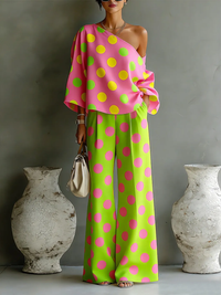 Conjunto de Dos Piezas Multicolor con lunares, hombros descubiertos y pierna ancha - Multicolor