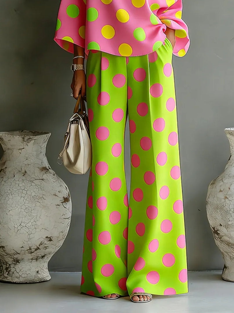 Conjunto de Dos Piezas Multicolor con lunares, hombros descubiertos y pierna ancha - Multicolor