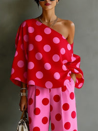 Conjunto de Dos Piezas Retro Rojo con lunares, hombros descubiertos y pierna ancha - Rojo