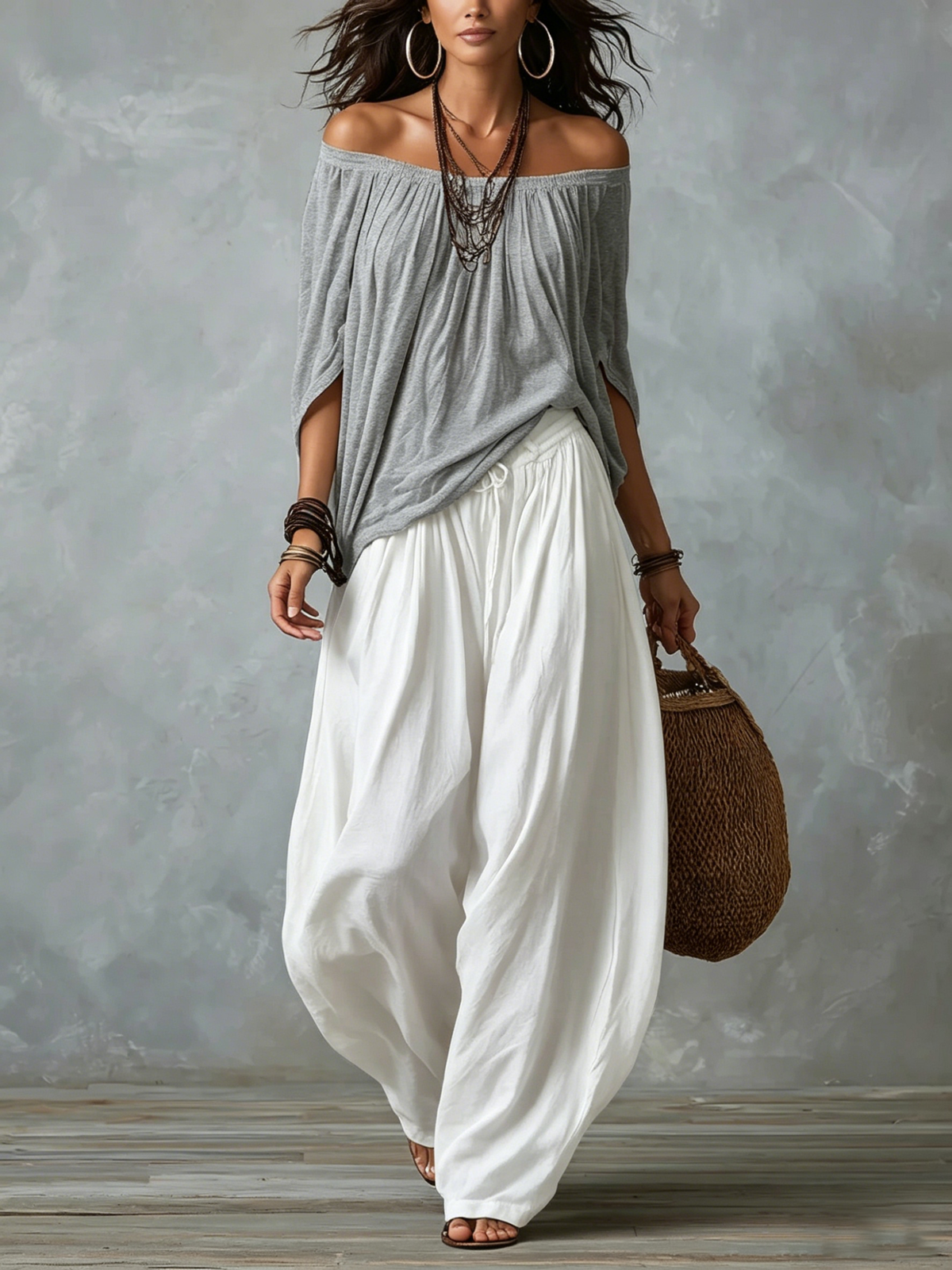 Conjunto Gris y Blanco Corte Holgado con hombros descubiertos - Gris y Blanco