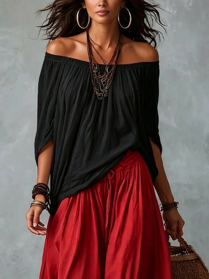 Conjunto Negro y Rojo Corte Holgado con hombros descubiertos - Negro y Rojo