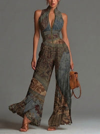 Mono Boho Gris Azulado Sin Mangas con cremallera, plisado, pierna ancha y gasa - Gris Azulado