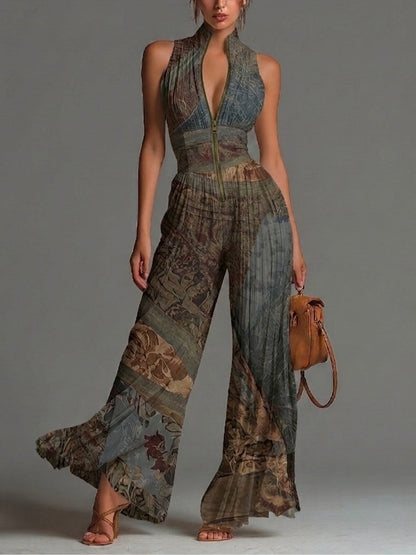 Mono Boho Gris Azulado Sin Mangas con cremallera, plisado, pierna ancha y gasa - Gris Azulado