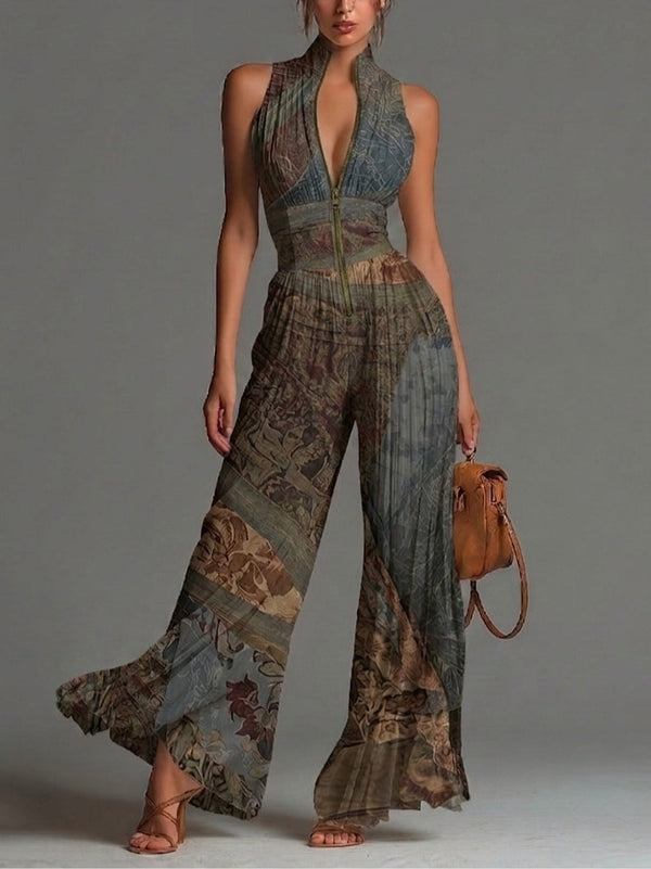 Mono Boho Gris Azulado Sin Mangas con cremallera, plisado, pierna ancha y gasa - Gris Azulado