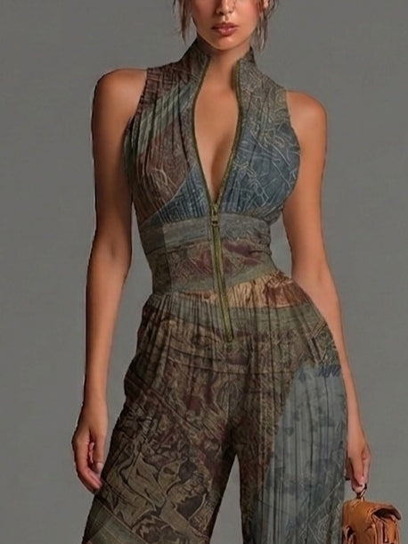 Mono Boho Gris Azulado Sin Mangas con cremallera, plisado, pierna ancha y gasa - Gris Azulado